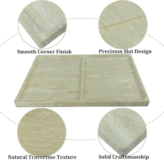 11.81"x7.87" Roman Travertine Decorative Tray - 2 Compartments Functional Storage Vanity Organizer for Bathroom Kitchen Office, Beige