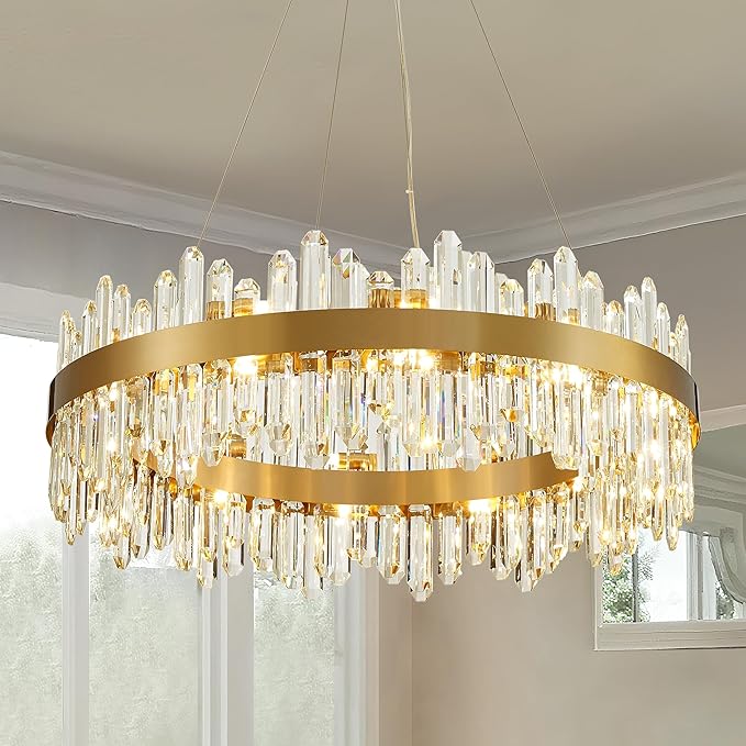 Gold Modern Crystal Chandelier, Round K9 Crystal Chandelier for Dining Room, Adjustable Height Pendant Light Fixture for Living Room Bedroom Kitchen Island D30