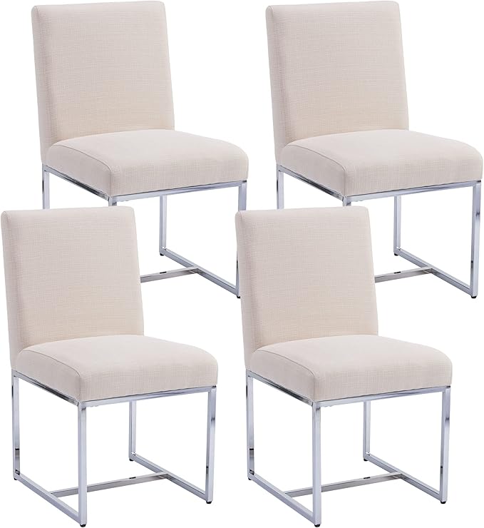 VESCASA Linen Upholstered Dining Chairs Set of 4, Mid Century Modern Padded Chair with Chrome Metal Frame for Restaurant, Dining Room, Kitchen, Cream