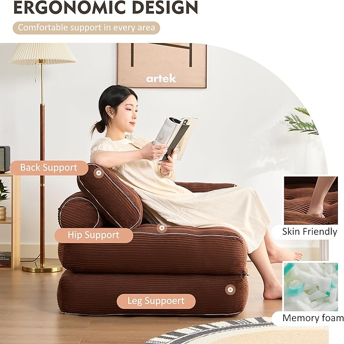 Plus Futon Sofa Bed for Small Spaces, Floor Couch with Armrest, Folding Sofa Couch, Convertible Sleeper Chair Bed with Pillow, Portable Comfy Floor Lounge for Living Room and Bedroom, Brown