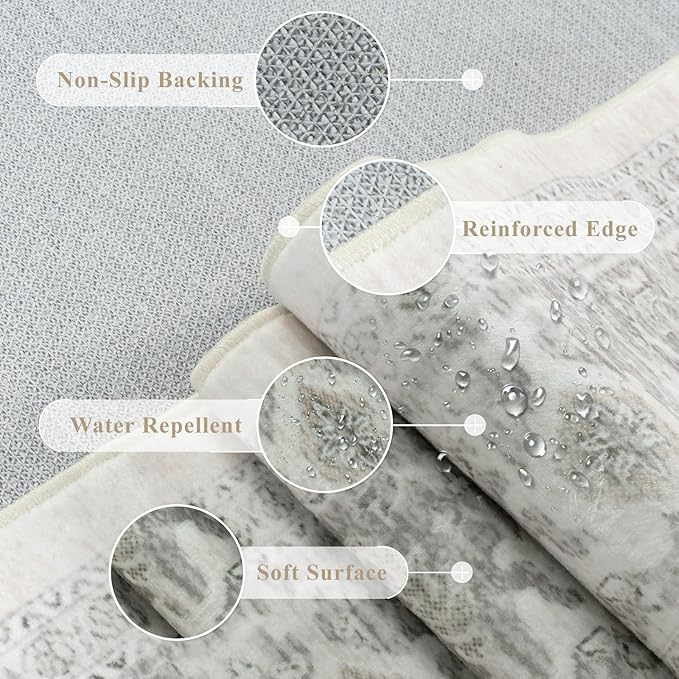 LIVEBOX Washable Area Rug 8x10 - Large Beige Vintage Tribal Living Room Rug Oriental for Bedroom, Non-Slip Retro Medallion Carpet Print Distressed for Dining Room Guest Office