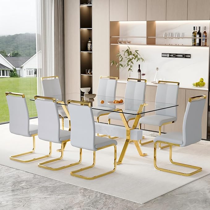9 Piece Glass Dining Table Set, 79" Modern Dining Table Set for 8, 0.5" Thick Tempered Glass Tabletop with Silver Chrome Metal Legs and Grey Crossbar, 8 PU Chairs for Dining Room, Kitchen
