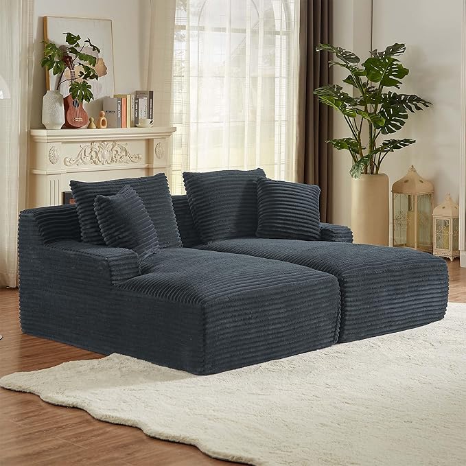 GNIXUU 78.8" Oversized Double Boneless Chaise Lounges Sofa, Plush Corduroy Sectional Cloud Couch Upholstered Memory Foam Loveseat Sleeper Chair Bed with Soft Pillows for Living Room Bedroom(Drak Gray)