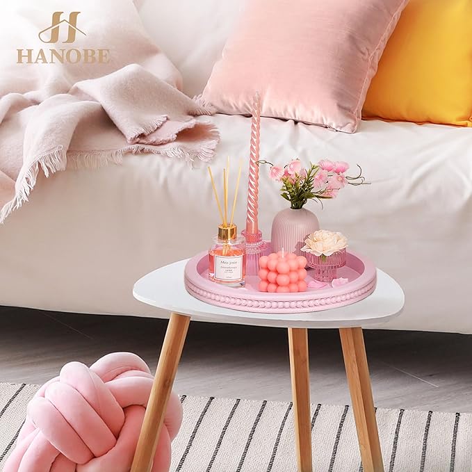 Hanobe Pink Tray Decorative Round: Beaded Perfume Trays Decor for Dresser Circle Vanity Makeup Serving Tray for Ottoman Coffee Table Bathroom Counter