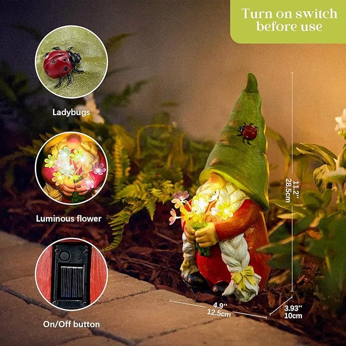 Solar Garden Gnome Lady Statues Outdoor Gnomes with Flowers Lights Fall Porch Patio Lawn Yard Decoration - Ideal Christamas Gardening Birthday Gifts for Woman Mom