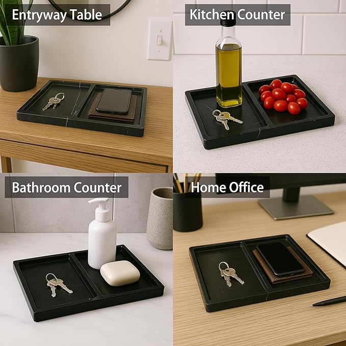 11.81"x7.87" Natural Marble Decorative Tray Countertop Organizer - 2 Compartments Polished Stone Storage Vanity Tray for Bathroom Kitchen Desk, Black White