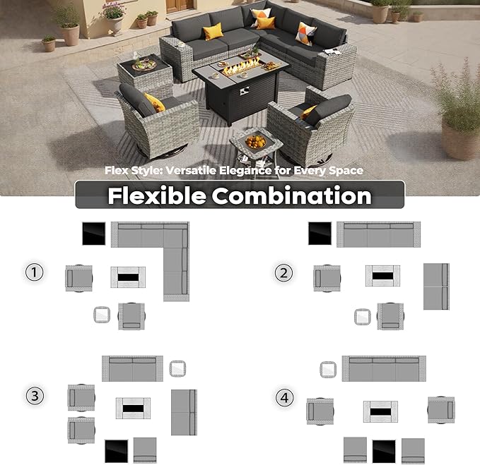 ovios 10 Pieces Patio Furniture Set, Outdoor Wicker Sectional Sofa with 42" Fire Pit Table Swivel Chairs, Modern Modular Deep Seat Rattan Couch Conversation Sets, Black