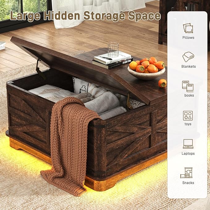 36" Farmhouse LED Lift Top Coffee Table with Storage and Power Outlets, Square Wood Living Room Tables with LED Lights & Large Hidden Space, Lift Wooden Barn Door Center Table, Brown