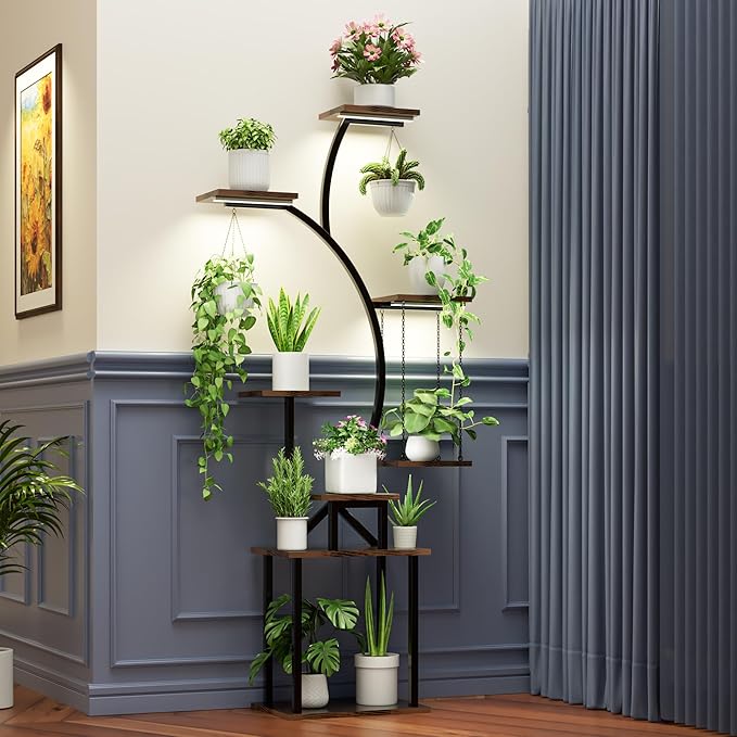 Plant Stand Indoor with Grow Lights, 8 Tiered Corner Plant Shelf, 63" Tall Plant Hanger Indoor for Multiple Plants, Metal Plant Flower Holder, Plant Rack for Display, Patio, Home Decor