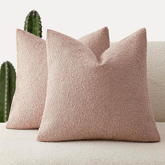 Foindtower Set of 2, Decorative Textured Boucle Throw Pillow Covers Accent Solid Pillow Cases Neutral Soft Cozy Couch Cushion Case for Chair Sofa Bedroom Living Room Home Decor 16 x 16 Inch Light Pink
