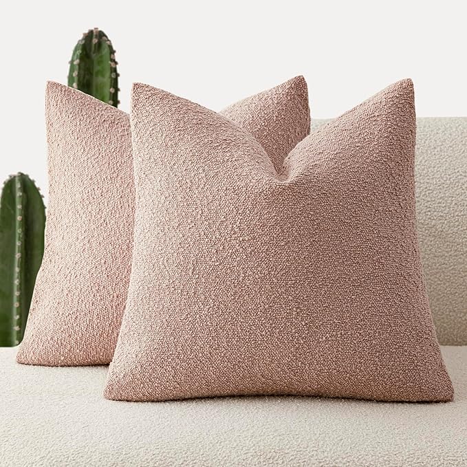 Foindtower Set of 2, Decorative Textured Boucle Throw Pillow Covers Accent Solid Pillow Cases Neutral Soft Cozy Couch Cushion Case for Chair Sofa Bedroom Living Room Home Decor 18 x 18 Inch Light Pink