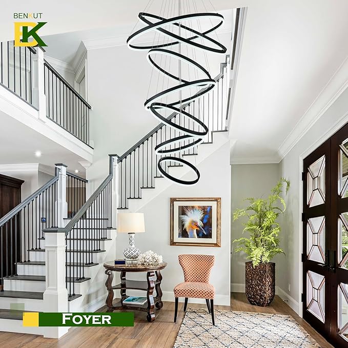 7 Rings Modern LED Chandelier Black Dimmable Large Foyer Chandeliers Entryway High Ceiling for Staircase, High Ceiling Pendant Lights for Entryway Living Room, 3000K-6500K CCT