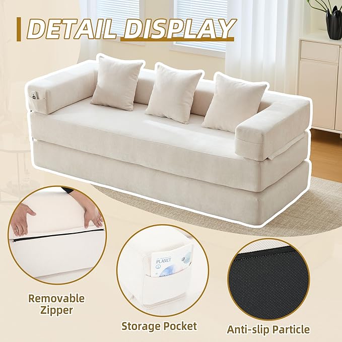 Comfy Convertible Folding Mattress Couch, Floor Sofa Bed, Chenille Floor Sofa with Armrest, Floor Sofa Lounge Couch for Living Room Bedroom Lounge Studio-Beige White