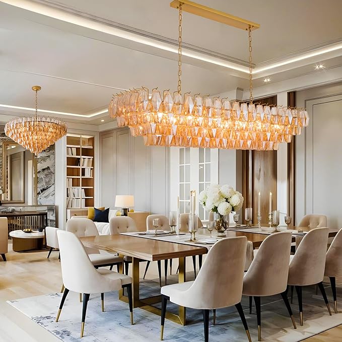 54" Gold Rectangular Chandeliers for Dining Room, 12-Light 4 Tiered Large Smoke Glass Brass Chandelier, Modern Kitchen Island Farmhouse Hanging Light Fixture for Living Room Foyer