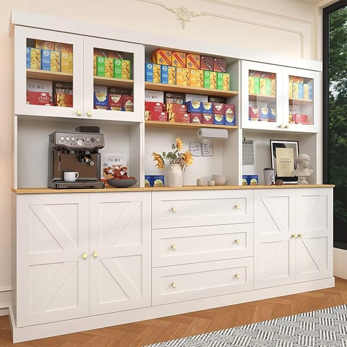 71" White Farmhouse Kitchen Pantry Cabinet Set of 3— Freestanding Coffee Bar with Glass Doors or Drawers, Microwave Stand, Large Storage Hutch with Adjustable Shelves for Kitchen, Living Room