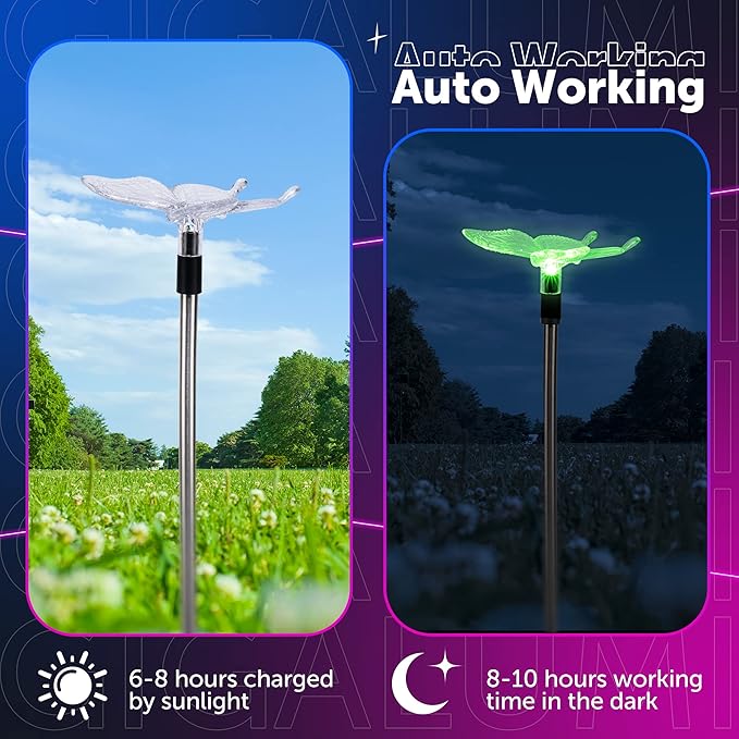 GIGALUMI Solar Garden Lights, 3 Pack Solar Butterfly Lights Decoration, Outdoor Garden Decoration Color Changing LED, Outdoor Decorative for Pathway, Lawn, Patio, Driveway