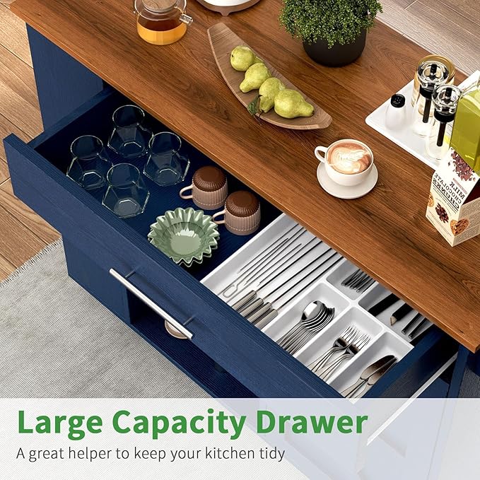 4 EVER WINNER Kitchen Island with Storage, Kitchen cart with Spice Rack & Towel Rack, Cabinet & Drawer, Small Kitchen Island with Open Shelves, Blue
