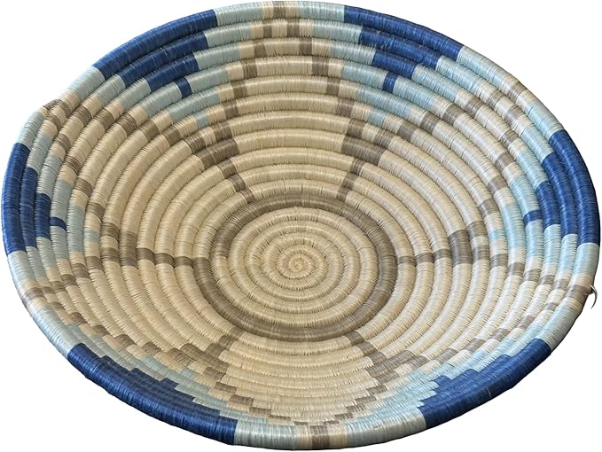 Handwoven African Basket Handmade sisal Fruit Bowl Wall Hanging decorative Baskets for Home Living Room Kitchen Centerpiece Zen Designs Arts and Crafts (Pastel Blue, 10in diameter)