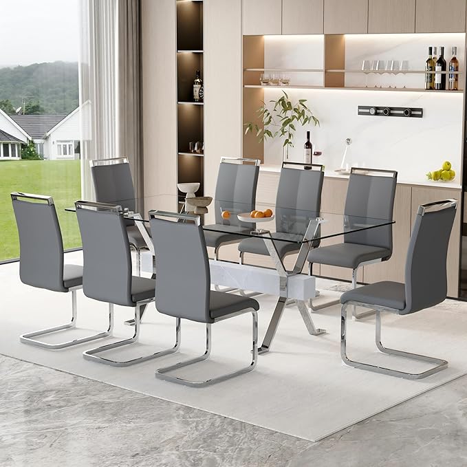 9 Piece Glass Dining Table Set, 79" Modern Dining Table Set for 8, 0.5" Thick Tempered Glass Tabletop with Silver Chrome Metal Legs and Grey Crossbar, 8 PU Chairs for Dining Room, Kitchen
