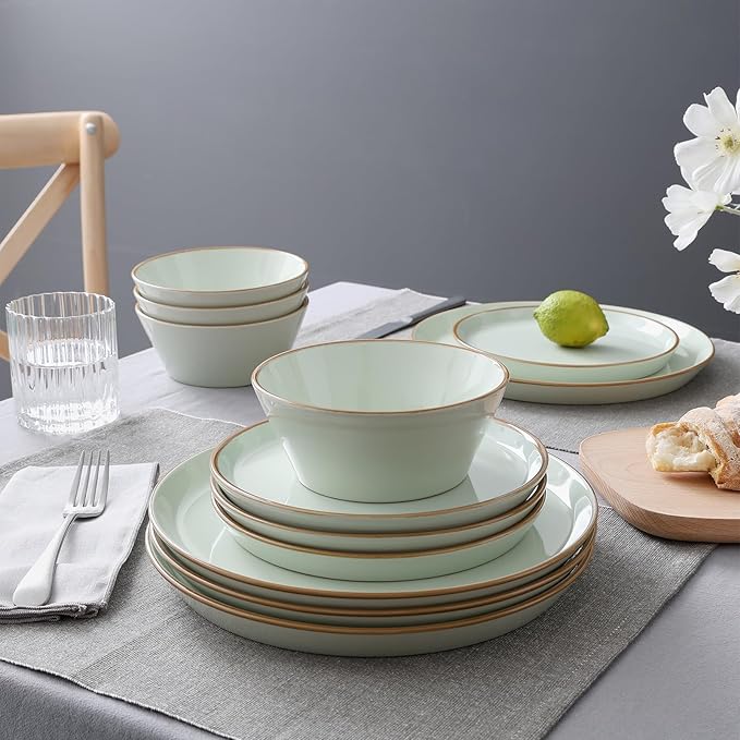 Famiware Saturn Dinnerware Sets, Plates and Bowls Sets for 4, 12 Pieces Stoneware Dish Set - Chip and Scratch Resistant, Microwave and Dishwasher Safe Tableware Set, Light Green with Rim