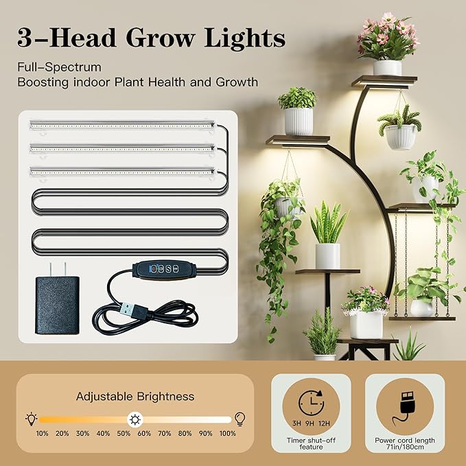 Plant Stand Indoor with Grow Lights, 8 Tiered Corner Plant Shelf, 63" Tall Plant Hanger Indoor for Multiple Plants, Metal Plant Flower Holder, Plant Rack for Display, Patio, Home Decor