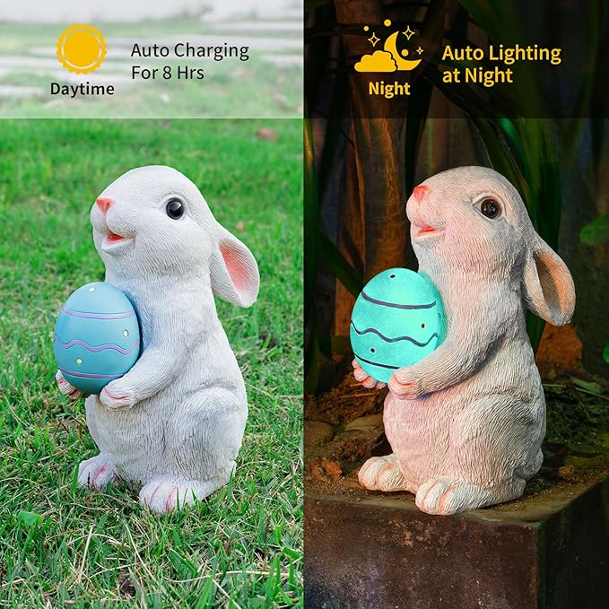 Solar Easter Rabbit Garden Statues Bunny Figurine Outdoor Easter Decorations Resin Bunny Statue with Egg Changing LED Lights for Porch Patio Lawn Yard Gardening Gifts for Mom Grandma