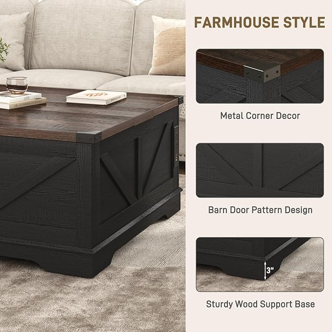 40” Large Farmhouse Lift Top Coffee Table with Power Outlets and Large Hidden Storage, Square Wood Living Room Tables, Multi-Function Lift Wooden Barn Door Center Table, Black