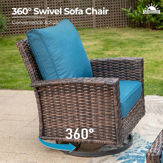 Patio Wicker Swivel Chairs Set of 2, Outdoor High Back Chairs with 5.5" Waterproof Cushions and Side Table, Outdoor Furniture Set for Deck Porch and Yard, Peacock Blue