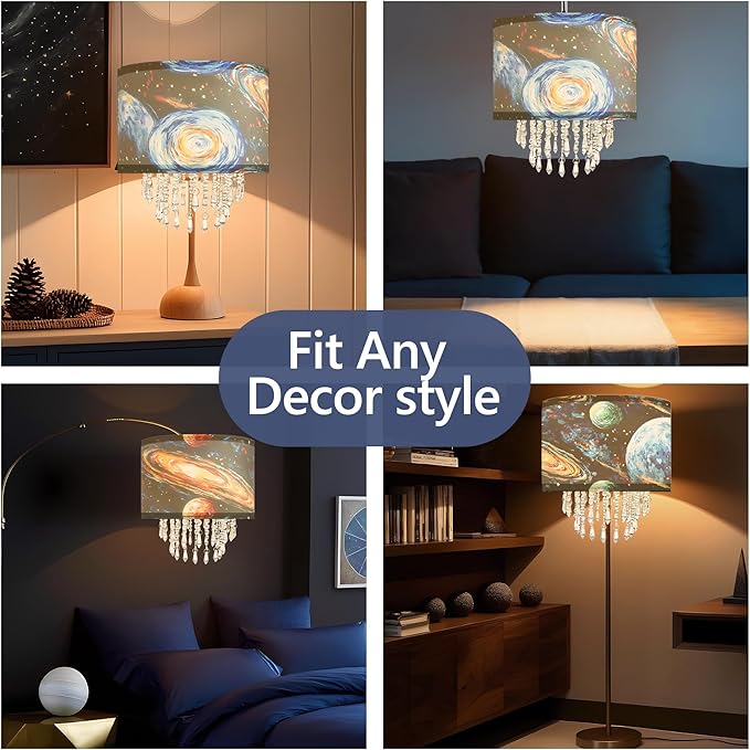Star Vision Universe Themed Fabric Lampshade with Crystal Beaded Droplets, Space Planet Sun Light Shade for Pendant Table Wall & Floor Lamps, Space Lover Children Kid Bedroom Decor