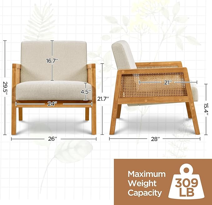 Yaheetech Beige Accent Chair, Armchair with Wood Legs, Mid Century Living Room Chair, Linen Fabric Lounge Chair for Bedroom Reading Room, Beige