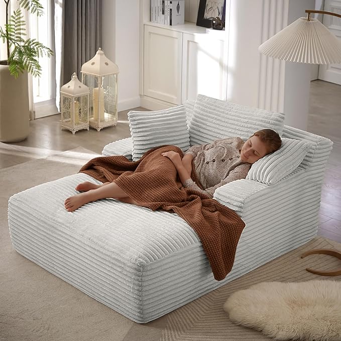 Boneless Couch Sofa Chiar Chaise Lounge Chair Indoor Upholstered Corduroy Couch Cloud Sleeper Sofa Oversized Reading Chair for Living Room No Assembly Required (Light Grey, 50" W x 67" D)