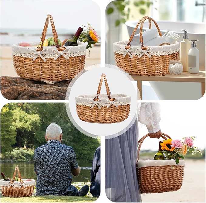 G GOOD GAIN Wicker Picnic Basket with Double Folding Handles,Willow Picnic Hamper,Natural Hand Woven Easter Basket,Easter Eggs and Candy Basket,Bath Toy and Kids Toy Storage,Gift Packing Basket.White