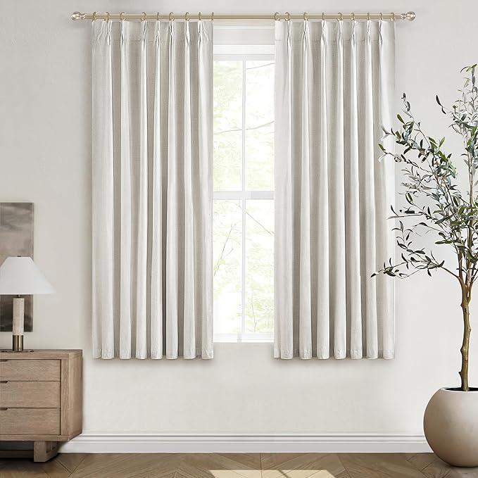 Living Room Black Out Curtains 63 Inch Long, Insulated Thermal Room Darkening Kitchen Drapes for 62 Inch Window Boho Linen Basement/Office/Dining Room/Kids (40"x63"x2 Panels)Blackout Pinch Pleated