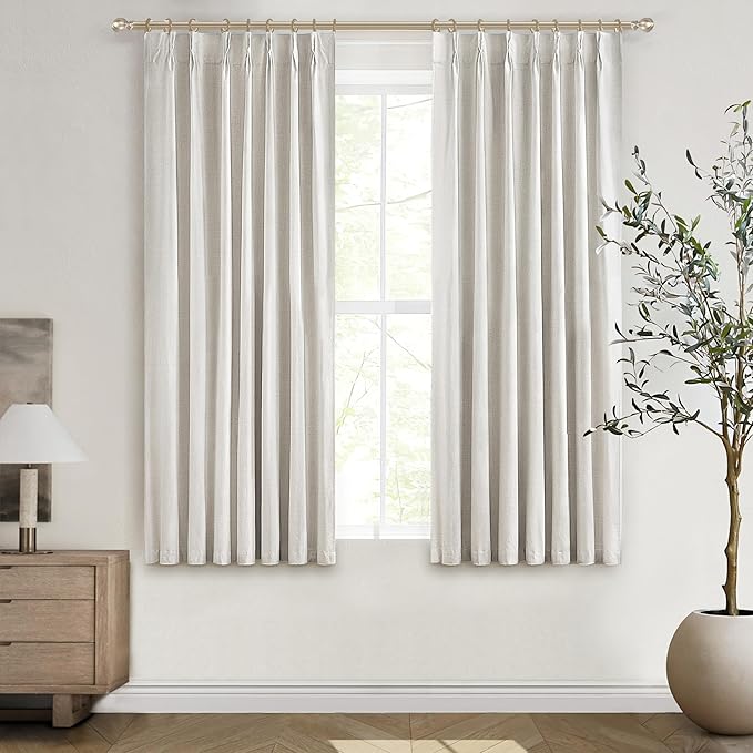 Short Linen Blackout Curtains for Bay Windows 45 Inch Length Bedroom/Living Room/Bathroom, Heat Blocking Cute 45 Inches Long 2 Panels Set, Birch Cream Ivory Drapes (40"x45"x2 Back Tab/Pinch Pleated)