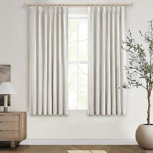 Short Linen Blackout Curtains for Bay Windows 45 Inch Length Bedroom/Living Room/Bathroom, Heat Blocking Cute 45 Inches Long 2 Panels Set, Birch Cream Ivory Drapes (40"x45"x2 Back Tab/Pinch Pleated)