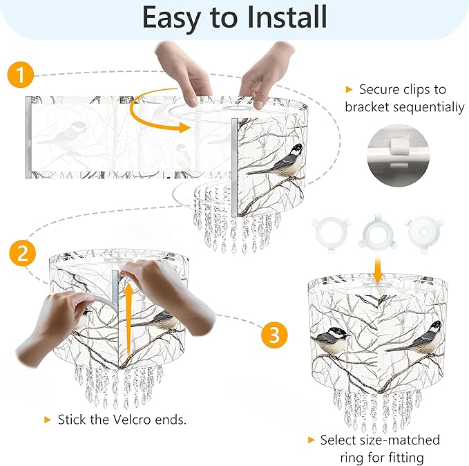 Star Vision Bird & Tree Drum Fabric Lampshade with Acrylic Beaded Droplets, Natural Botanical Light Shade for Pendant Table Wall & Floor Lamps, Garden-Themed Bedroom Living Room Entryway Décor