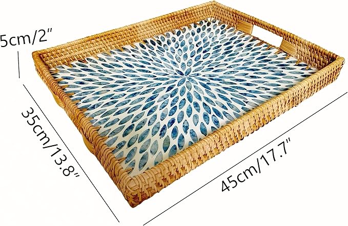 i-lan 18inch Rectangle Rattan Woven and Blue Mother of Pearl Dining Room Table Serving Tray Display Basket with Cutout Handles,Living Room Boho Wicker and MOP Coffee Table Serving Tray Décor