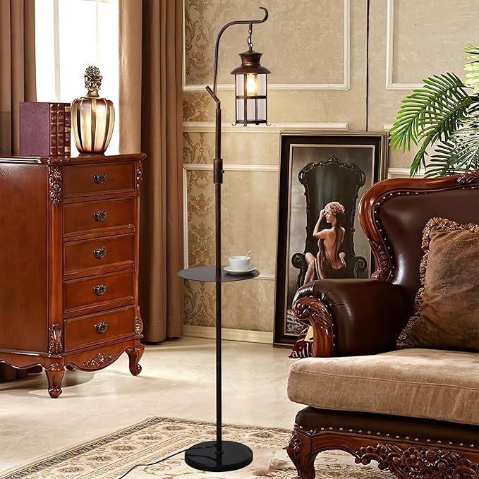 Vintage Dimmable Floor Lamp with matel Table,Classical Lanterns Standing Lamp, Rustic Farmhouse Floor Lamp with Red Copper Finish, for Living Room Bedroom