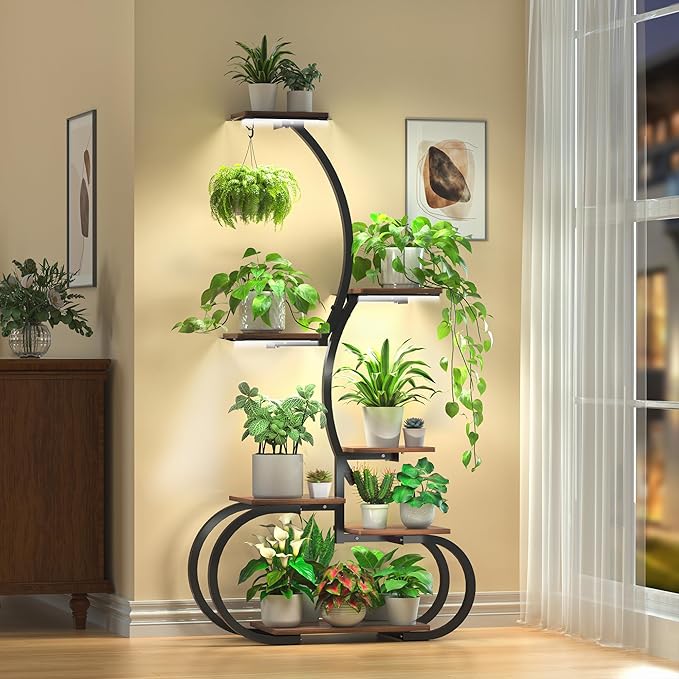 Acnusik Plant Stand Indoor with Grow Lights, 63" Tall Lighted Indoor Plant Shelf for Multiple Plants, 7-Tier Metal Plant Rack Corner Indoor Flower Stand Display for Living Room, Home, Patio, Balcony