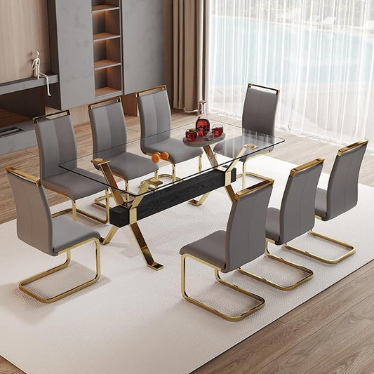 9 Piece Glass Dining Table Set, Kitchen Table Chairs Set for 8, 71'' Dining Table with 0.4" Tempered Glass Tabletop with Plated Metal Legs and MDF Crossbar, 8 PU Chairs for Dining Room, Kitchen.