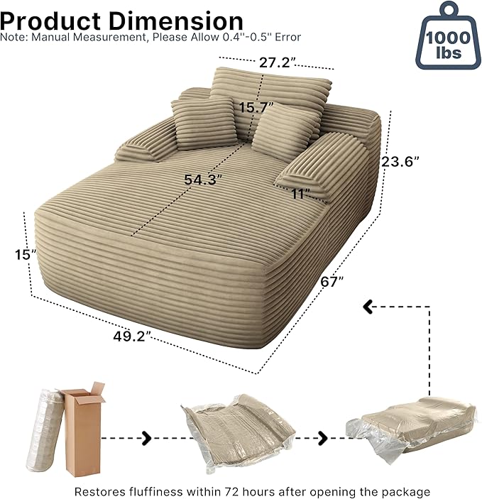 67" Oversized Chaise Lounge Chair Indoor, Comfy Sleeper Sofa Bed, Beige Plush Corduory Couch for Living Room Bedroom,Sofa in A Box,No Assembly Required.