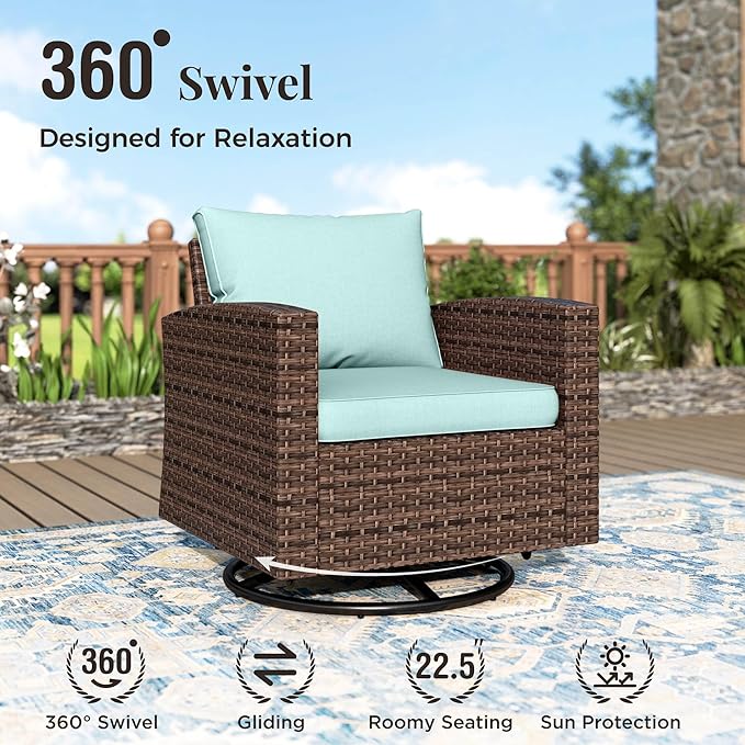 Swivel Glider Patio Furniture Set, 5 Pcs Wicker Outdoor Conversation Set, 2 x Swivel Chairs, 1 x 3 Seater Sofa and 2 x Ottoman, Blue