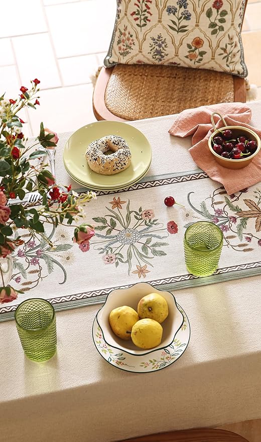 ISAENNE Designer French Country Linen Table Runner 71 Inches Long,Elegant Colorful Floral Pattern Table Runners for Dining Tables,Thanksgiving,Christmas,Kitchen Decor,12"*71"-Serenity F