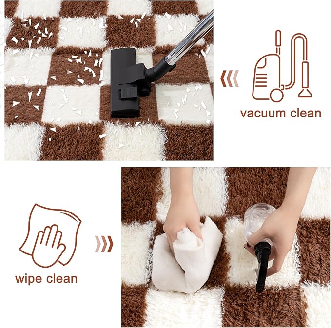 Checkered Rug for Living Room 6x9, Ultra Fluffy Fuzzy Shag Large Area Rug for Bedroom, Modern Plush Soft Upgrade Non-Slip Carpet for Kids Girls and Boys Room Dorm Home Decor, Cream and Coffee