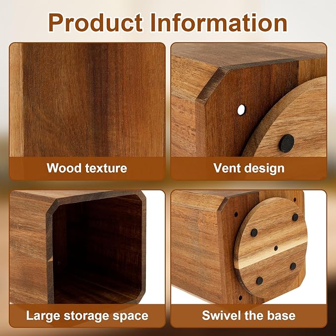 1Pc Wood Utensil Holder 360° Rotating Acacia Utensil Crock Multipurpose Cooking Spoon Spatula Organizer Kitchen Tool Storage for Countertop