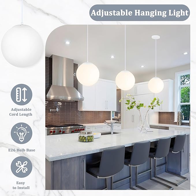 KoKo&Yukina 10 Inch Pendant Light White Globe Pendant Lights Kitchen Island Mid Century Light Fixture Adjustable Globe Cluster Lights with Milky White Glass Shade for Dining Room Living Room