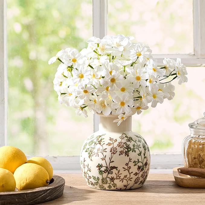 SIDUCAL Ceramic Green and Beige Antique Vase, 5.91 Inch Retro Ice Cracked Chinoiserie Floral Vase, Rustic Farmhouse Vases for Home Decor, Bookshelf, Office, Garden, Chinoiserie Decor, Tuscan Decor