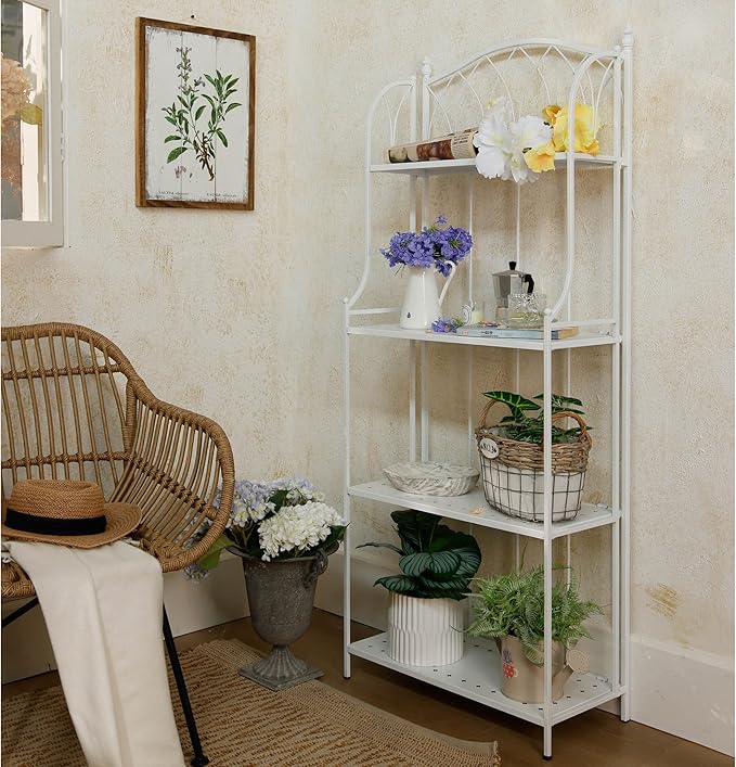 White 4-Tier Plant Stand with French Style Pattern, Indoor Outdoor Flower Shelf for Balcony Patio, Vintage Garden Decor with Lattice Design Plant Holder