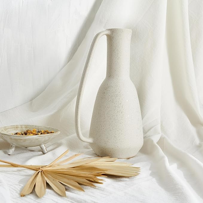 BlossoME Ceramic White Vase 12 inch Tall with Handle Matte Glazed Pottery Vessel Rustic Stoneware Table Decor Neutral Clay Jug Centerpiece Slender Shelf Book Pitcher Decor Flower Vessel