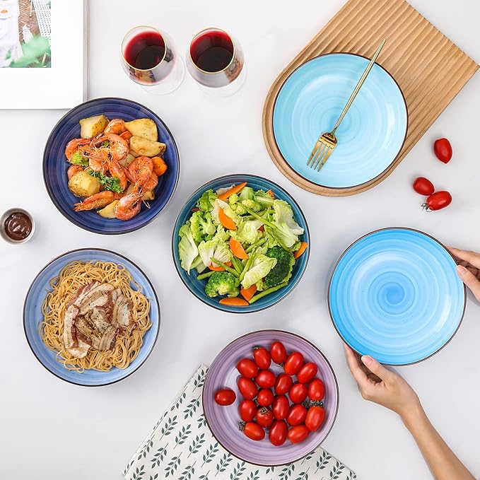 KitchenTour Ceramic Pasta Bowls - Large Salad Bowls Porcelain Serving Bowl Set 26 Ounce - 8 Inch Soup Bowl - Dishwasher and Microwave Safe - Set of 6, Assorted Cool Colors